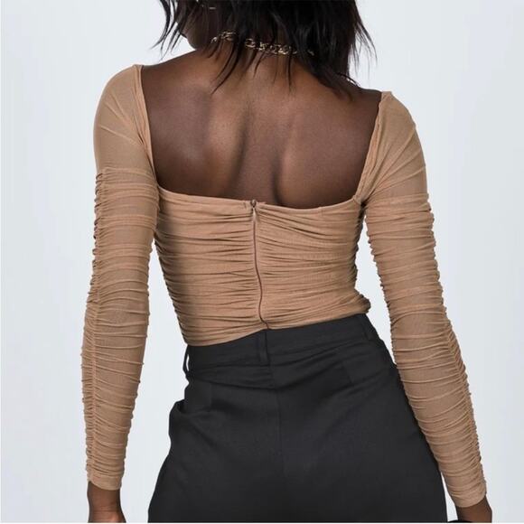 NWT Princess Polly Delaney Mesh Ruched Long Sleeve Bodysuit SZ 10 beige - Picture 2 of 8